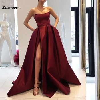 2020 Bordo Prom Dresses su Kišenėmis Pusėje Ritininės Stebėjimo Elegantiškas Satino Ilgai Vakare Šalies Chalatai Vyno Raudona Moterų Oficialų Suknelė