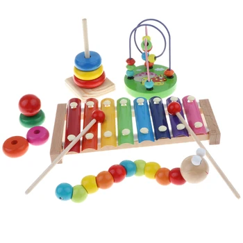 4x/Set Kūdikio Plėtoti Medinis Žaislas Rutuliukų Labirintas Žiedas Bokštas Muzikos Kselofonu #B