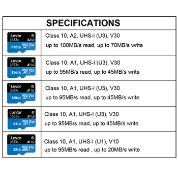 Lexar 633X High Speed Atminties Kortelė 512 GB A2 TF Kortelę Class10 UHS-I U3 A1 MicroSD Kortelės 32GB 64GB 128GB 256 GB Mobiliųjų Telefonų Gopro