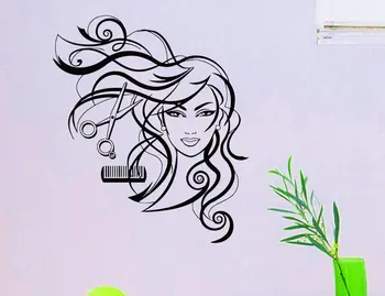 Kirpykla siena lipdukas apdailos šypsena grožio ilgi plaukai, žirklėmis, šukomis salonas sienų lipdukai, vinilo tapetai, freskos MF18