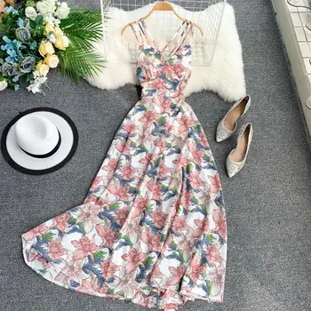 2020 Naujų Moterims Gėlių Spausdinti Suknelė Vasaros Seksualus V-kaklo Backless Ilgos Suknelės Moterų Elegantiškas Bohemijos Šalis Suknelė Vestidos P556