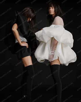 Naujas Mados White Satin Raukiniai-line Mini Moterų Suknelės, Iliuzija ilgomis Rankovėmis Tiulio Šalis, Chalatai Gimtadienį Vestuvių Suknelė