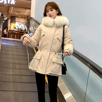 Korėjos Stiliaus Gobtuvu Moterų Žiemos Striukė Plonas Ilgas Parkas Moterų Plius Dydis Su Kailio Apykakle Storio Outwear Šiltas Kailis Ponios