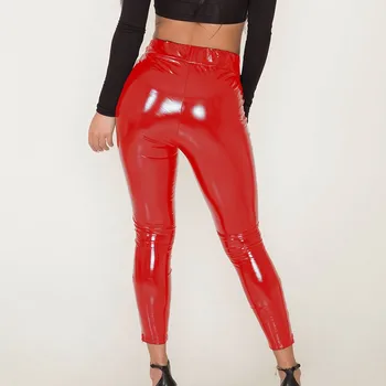 Moterų sexy raudona aukšto liemens kelnės skinny minkštas strethcy blizga šlapias atrodo, dirbtiniais odos, vinilo antblauzdžiai kelnės kelnės pantalon