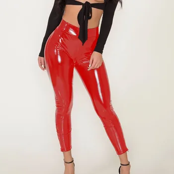 Moterų sexy raudona aukšto liemens kelnės skinny minkštas strethcy blizga šlapias atrodo, dirbtiniais odos, vinilo antblauzdžiai kelnės kelnės pantalon