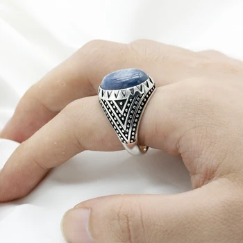 Naujas natūralaus akmens žiedas vyrams 925 sterlingas sidabro kianitas antikvariniai laimingas žiedas, moterų, vyrų, turkijos papuošalų