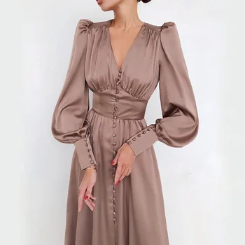 2020 M. Moteris Midi Suknelė Elegantiškas Satin Ilgos Suknelės V-Kaklo, Žibintų Rankovėmis Suknelės Smėlio Vieną Krūtinėmis Seksualus Šalies Clud Suknelės