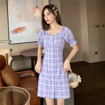 Vasaros Pledas Suknelė Moterims Violetinė Prancūzų Stiliaus Vintage Retro Suknelė Atsitiktinis Sluoksniuotos Rankovėmis Elegantiškas Dizaineris Korėjos Suknelė Moterims 2020 Naujas