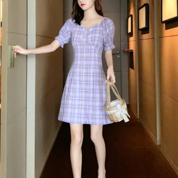 Vasaros Pledas Suknelė Moterims Violetinė Prancūzų Stiliaus Vintage Retro Suknelė Atsitiktinis Sluoksniuotos Rankovėmis Elegantiškas Dizaineris Korėjos Suknelė Moterims 2020 Naujas