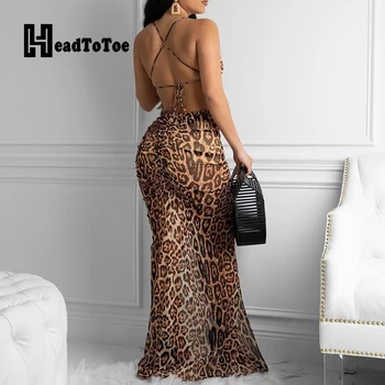 Leopardas Spausdinti Backless Maxi Suknelė Moterų Berankovis Spageti Dirželio Ilgio Šalis Suknelė