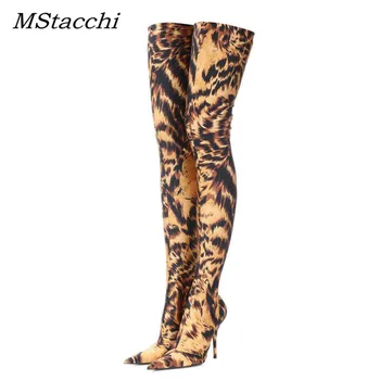 MStacchi 2018 Seksualus Leopard Per Kelius Siekiantys Batai Moteris Nurodė, Kojų Keista Aukšto Kulno Batai Moterų Mados Ruožas Kojinių Batai