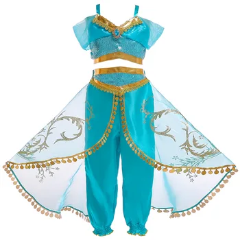 Merginos Princesė Jasmine Cosplay Apranga Nustatyti Vaikų Vaikai Aladdin ' s Deivė, Helovinas, Kalėdos, Suknelę, Kelnes Drabužiai Kostiumas