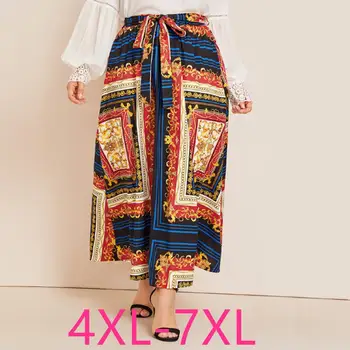 2021 m. pavasarį, rudenį plus size ilgi sijonai moterims didelis, elegantiškas prarasti retro spausdinimo elastinga juosmens sijonas, diržas 4XL 5XL 6XL 7XL