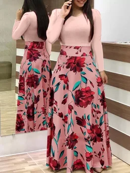 Vasaros 2019 Atsitiktinis Moterų Suknelės ilgomis Rankovėmis Gėlių Spausdinti Kratinys Maxi Suknelė Plus Size Ilgai Boho Suknelė Vintage Femme S-5XL