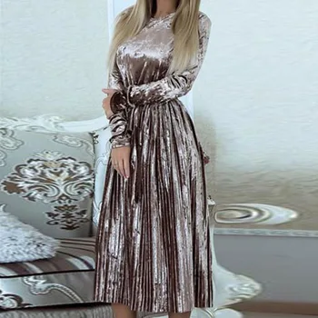 2020 Elegantiškas Aksomo, Plisuotos Moterys Šalis Dress Fashion Lace-Up Slim Fit Kietas Midi Suknelė Rudenį Atsitiktinis Ilgomis Rankovėmis Suknelę, Vestidos