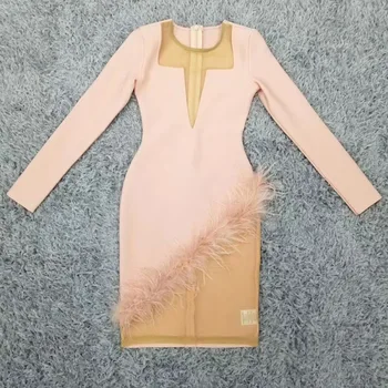 Moterų Žiemos Stilius Seksualus Ilgomis Rankovėmis Plunksnų Akių Rožinė Bodycon Tvarstis Suknelė 2021 Elegantiškas Vakare Šalies Klubas Suknelė Vestidos