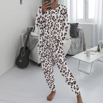 Moterų Pižama Nustatyti Naują Atsitiktinis Leopardas Spausdinti Homewear Moteriškos Pižamos Ilgas Kelnes Sleepwear Namų Kostiumas Moteriška Pižama, 2-piece Set
