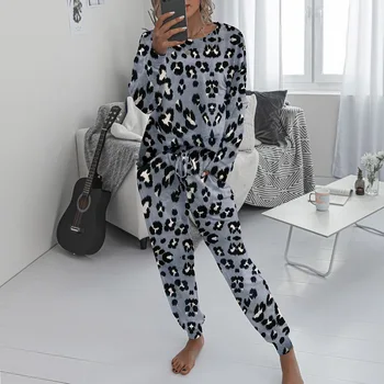 Moterų Pižama Nustatyti Naują Atsitiktinis Leopardas Spausdinti Homewear Moteriškos Pižamos Ilgas Kelnes Sleepwear Namų Kostiumas Moteriška Pižama, 2-piece Set