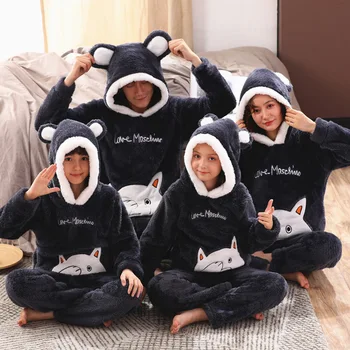 Žiemos Šeimos, Tėvų-Vaikų Pižama nustatyti Vaikai Flanelė Pižamos Sutirštės Pliušinis Hoodie ilgomis Rankovėmis Gyvūnų Panda Moterys Vyrai Homewear