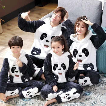 Žiemos Šeimos, Tėvų-Vaikų Pižama nustatyti Vaikai Flanelė Pižamos Sutirštės Pliušinis Hoodie ilgomis Rankovėmis Gyvūnų Panda Moterys Vyrai Homewear