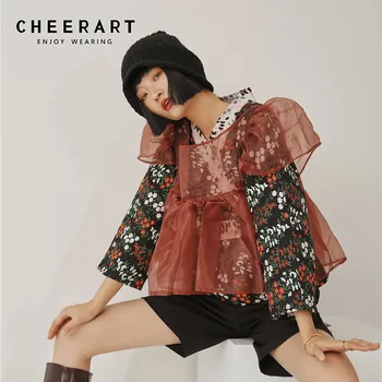 CHEERART Organza Japonijos Kimono Stiliaus Paltai Ir Striukės Moterims Rudens Derliaus Gėlių Spausdinti Juostinės Striukė Ponios Paltai Mados 2020 m.