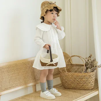 2019 Nauji Vaikiški Drabužiai Mergaitėms Peter Pan Apykaklės Kietas Modelis ilgomis rankovėmis Suknelės Mergaičių, Kūdikių Dress Kūdikių Drabužiai Suknelė 1-6T