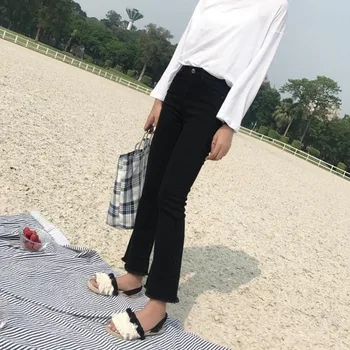 2019 korėjos Versija vientisos Spalvos Stora montavimo Užsiliepsnojo Kelnės Aukštu Juosmeniu Mados moteriški Džinsai Harajuku Elegantiškas moteriškos Kelnės