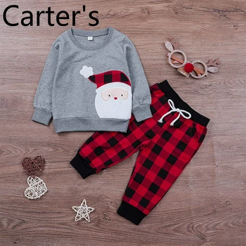Carter ' s Baby Vaikų Dėvėti Rudenį Vaikų Kalėdų Dviejų dalių Komplektas Kūdikiams Santa Viršų Spausdinti Pledas Kelnes Nustatyti Jongens Kleding
