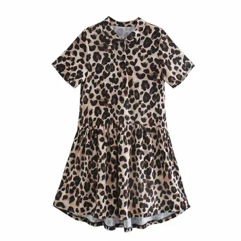 Za Suknelė Moterų 2020 M. Tekstūra Mygtuką Leopard Trumpą Suknelę Moteris Vasaros Mados Gyvūnų Spausdinti Pritvirtinti Trumpas Rankovės Ponios Suknelės