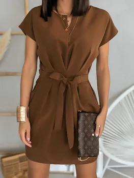 Moterų Elegantiškas Vasarą Ruched Dress Juoda Rausva Nėrinių Diržas Plonas Juosmens Mini Suknelė 2020 Atsitiktinis Trumpas Rankovės Vasaros Suknelės