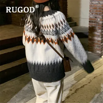 RUGOD mados dangaus varantys spausdinti megzti megztinis moterims derliaus kontrasto spalvų o kaklo, ilgomis rankovėmis laisvas megztinis pavasario megztinis viršų