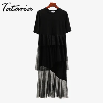Tataria trumpomis Rankovėmis T-shirt, Suknelė Moterims Raukiniai, Nėriniai Tinklelio Suknelė Kratinys Moterų, O-Kaklo Prarasti Atsitiktinis Ilgai High Street Suknelė