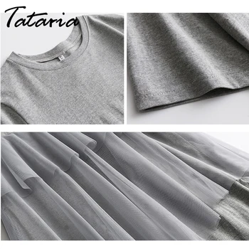 Tataria trumpomis Rankovėmis T-shirt, Suknelė Moterims Raukiniai, Nėriniai Tinklelio Suknelė Kratinys Moterų, O-Kaklo Prarasti Atsitiktinis Ilgai High Street Suknelė