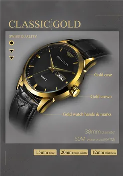 BRIGADA Šveicarijos Ženklo Laikrodžiai Vyrams, Klasikinio Black Gold Verslo Atsitiktinis Vandeniui Kvarco vyriški Žiūrėti