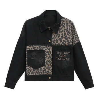 Rudenį naujų 2020 m. laukinių moterų skylę laišką siuvinėti džinsai, paltai tendencija susiuvimo leopard džinsinio striukė moteriška