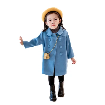 Mėlyna Dvigubo Breasted Vilnoniai-Audiniai Ilgai Paltai Amžius 2 - 12 Metų Kūdikių Mergaičių Storas Šiltas Outwear Žiemą, Rudenį, Vaikų Drabužiai