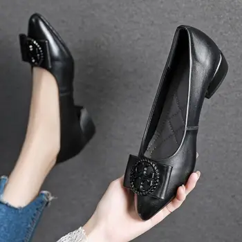 Nurodė, moterų batai rudenį 2020 šviesos burną vieną batai moterų profesinės aikštėje mygtuką, storas kulnas žemas viršų odiniai batai