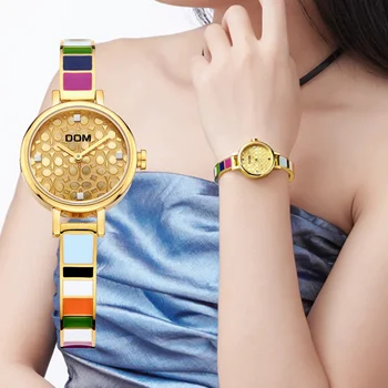 DOM moterų laikrodžiai prabangos prekės kvarco riešo laikrodžių mados atsitiktinis aukso nerūdijančio plieno stiliaus vandeniui Relogio Feminino G-1019