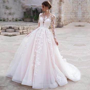 Šalies Lace A-Line Wedding Suknelė, Aplikacijos, Nėrinių Ilgomis Rankovėmis Nuotakos Suknelės Teismas Traukinio Vestuvių Suknelė Plius Dydžio Drabužius De Mariage