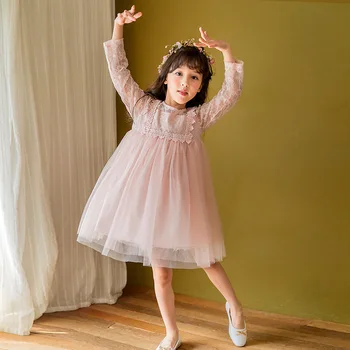 Vaikų Drabužiai Mergina Vasaros Suknelė 2019 Vaikų Drabužių Nėrinių Medvilnės ilgomis rankovėmis Šalis Princesė Dress O-kaklo Mergaičių Drabužiai