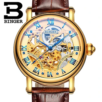 Naujas Šveicarija Prabangūs vyriški Žiūrėti BINGER Prekės ženklo Dvigubo Skeletas Mechaninė safyras natūralios Odos Dirželis Vyrų Laikrodis B-5066M-6