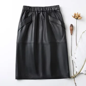 Odinis sijonas moterims su kišenėmis midi sijonai moterų 2020 nauja originali juoda ir žalia avikailis odos pieštuku sijonas aukštu juosmeniu