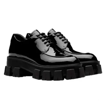 Mažas odos batai moteriška nauja laukinių storio aukšto kulno retro juoda darbo batai pavasarį ir rudenį sponge cake mažai vieno batai hy559