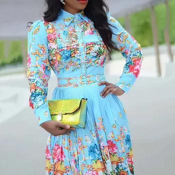 2020 Gėlių Spausdinti Plisuotos Moterų Suknelė Afrikos Prom Šalis Suknelės Plius Dydžio Vakarienė Suknelė Mados Vakarą Suknelė Mėlyna Vestiods