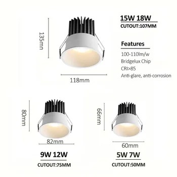 LED Downlight 7w 12w 15w Apvalus Įleidžiamas Lempa, Anti-Glare, Led Lemputės, Miegamasis, Virtuvė, Gyvenamasis Kambarys vidaus LED Spot Apšvietimas