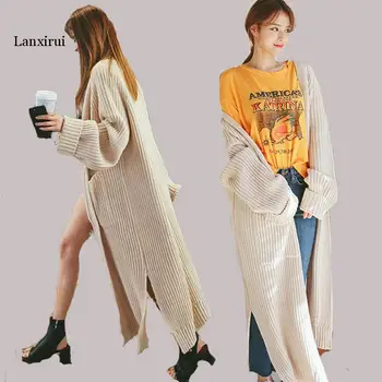 Korėjos Ilgas Cardigan Megztinis Mados Moteris Negabaritinių Megztinis Rudenį, Žiemą Mezgimo Purus Kailis Streetwear