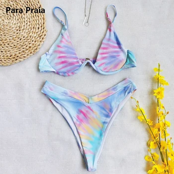 Para Praia 2020 Spalvinga Spausdinti Bikini Komplektas Push Up Bikini Moterims maudymosi kostiumėlį, Seksualus V-kaklo, maudymosi Kostiumėliai, Thong Bikini Aukštos Sumažinti maudymosi kostiumėlį